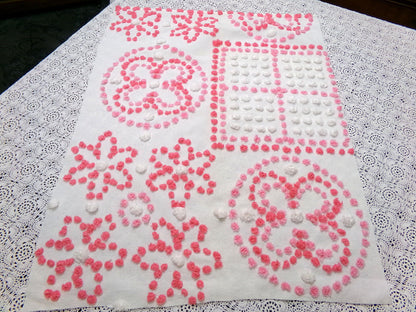 Vintage Pink White Chenille Fabric 4-Block Geometric Floral Sampler 18" x 23" Panel