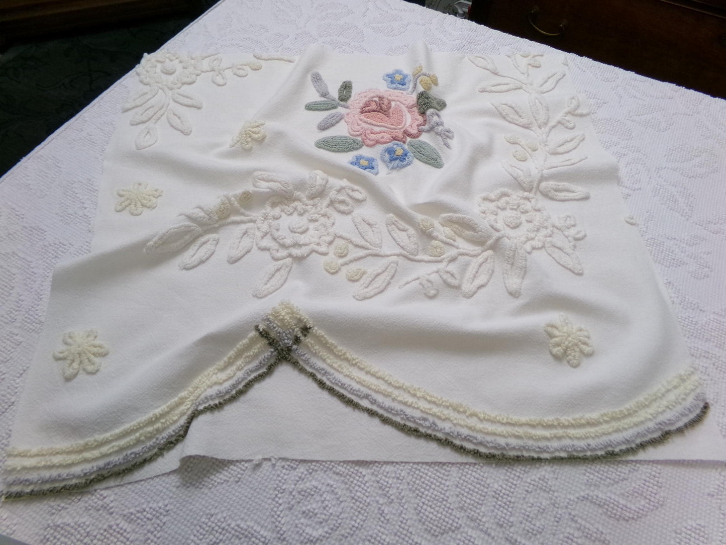 Solitary Rose Vintage Chenille Bedspread Fabric, Shabby Sweet Sewing Material, 22" x 24"