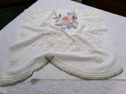 Solitary Rose Vintage Chenille Bedspread Fabric, Shabby Sweet Sewing Material, 22" x 24"