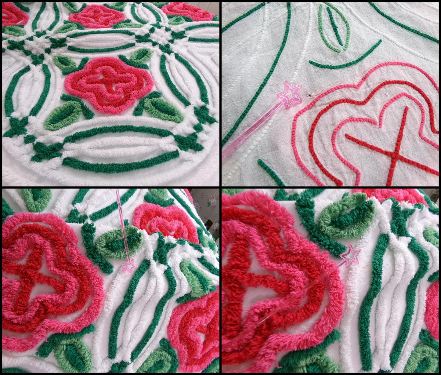Shabby Rose Vintage Chenille Bedspread Tufted White Full Size 100% Cotton Bedding