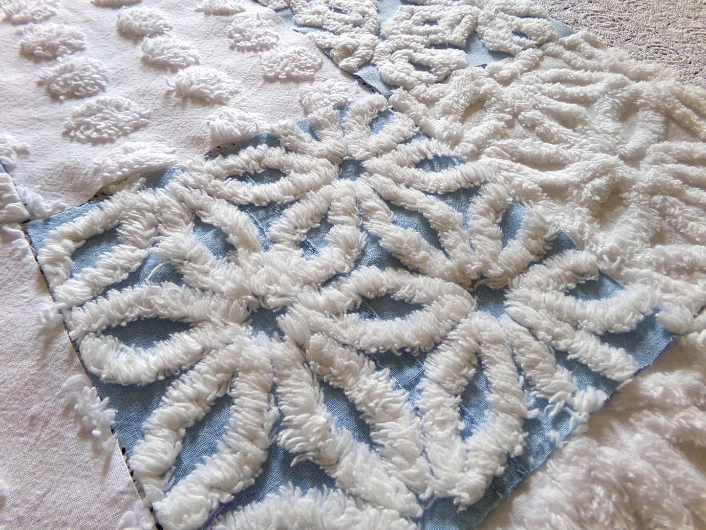 Breezy Blue & White Chenille Fabric Squares Set, 16 Vintage Quilt Blocks, 6" x 6" inches each, for Quilting, Sewing, DIY Pillows