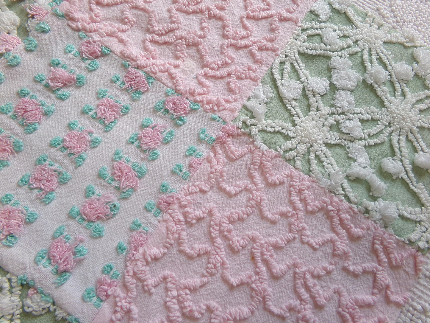 Vintage Patchwork Chenille Fabric Craft Panel, 16" Square, Cottage Style DIY Pillows