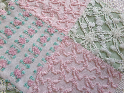 Vintage Patchwork Chenille Fabric Craft Panel, 16" Square, Cottage Style DIY Pillows