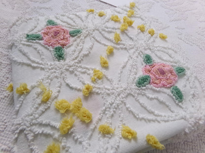 Pink Rose Vintage Chenille Bedspread Fabric, cottage chic sewing craft quilt material, 20" x 20" piece