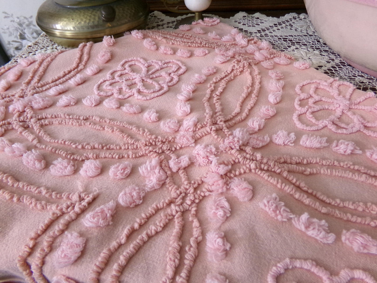 Shabby Cottage Style Vintage Chenille Fabric, geometric floral design, sewing craft quilt material 25" x 21" piece