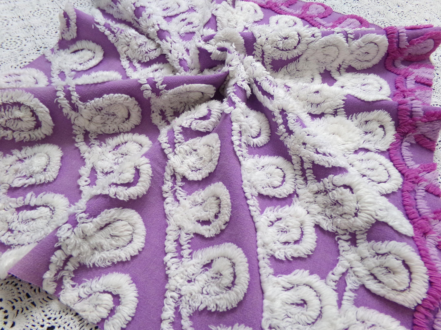 Shabby Purple & White Vintage Chenille Fabric 18 x 20" Curlicue Geometric Boho Quilt Sewing Material