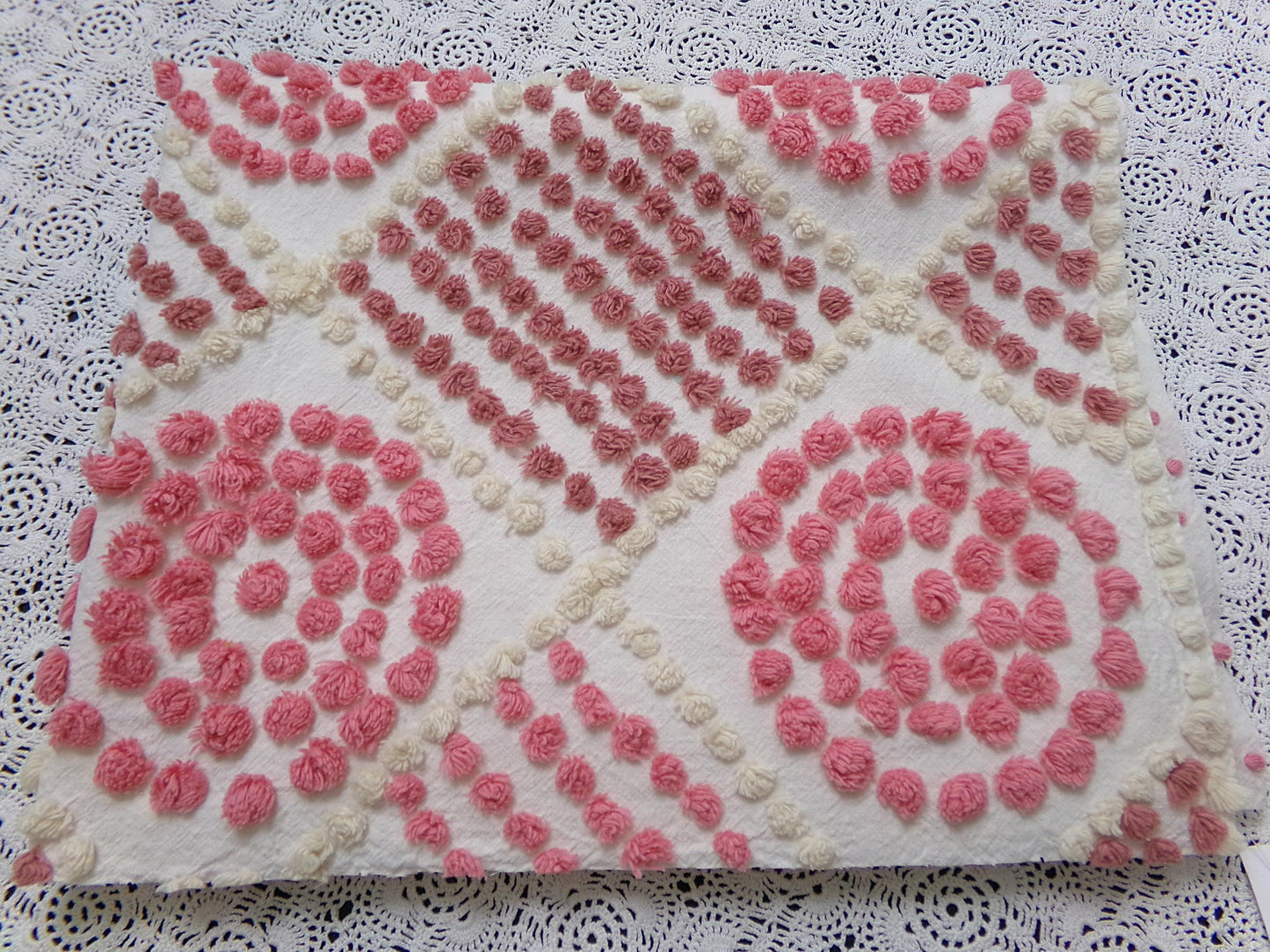 Rose Pink Diamond Pops Vintage Chenille Fabric 20 x 24" Shabby Sewing Quilt Material