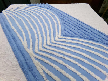 Vintage Chenille Fabric Piece, White Waves on Blue, 18" x 33" Sewing Material