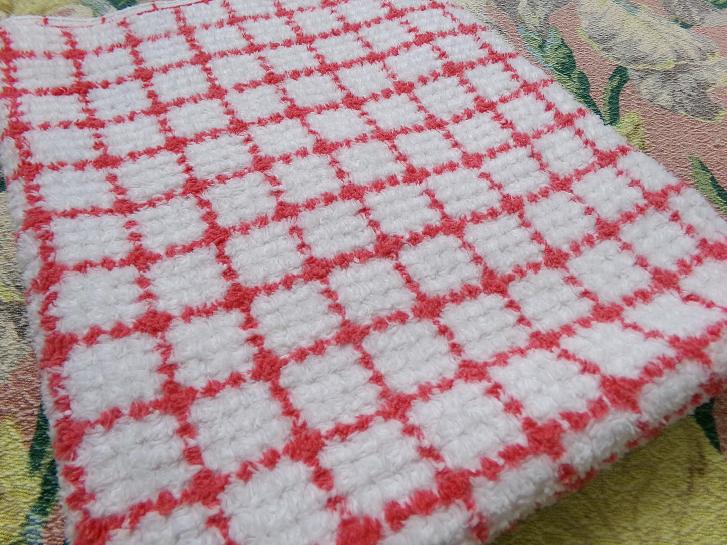 vintage chenille bedspread fabric, small red & white plaid pattern, 19" x 24" cut piece for xmas stockings, Christmas quilts