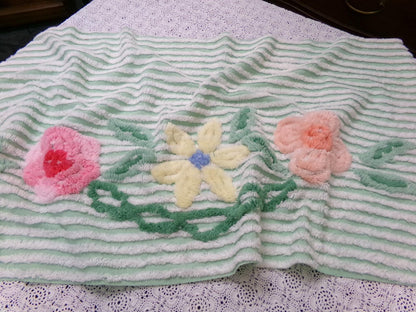 Mint Green Floral Vintage Chenille Bedspread Fabric Piece 18x33"