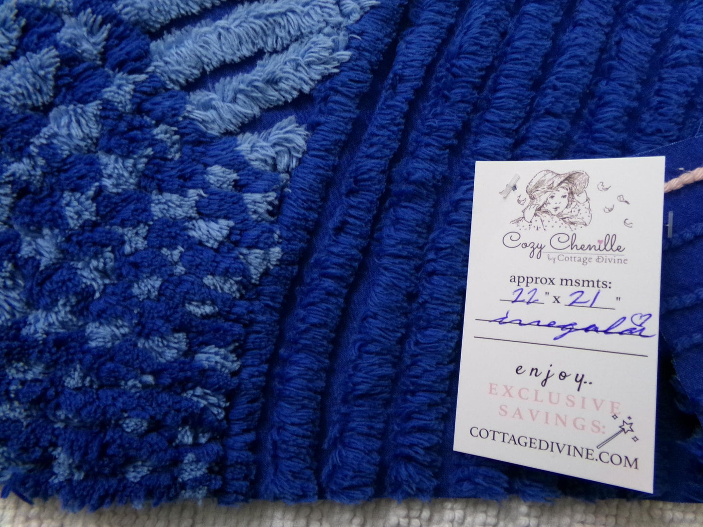 vintage chenille bedspread fabric, mystic blue fan floral sewing material, 22" x 21" piece