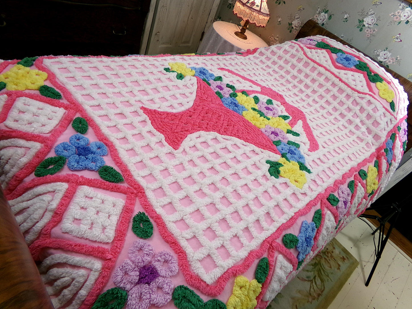 plush cupcake frosting vintage chenille bedspread, pink flower basket w/ cathedral stripes, girly cottage full size luxury cotton bedding