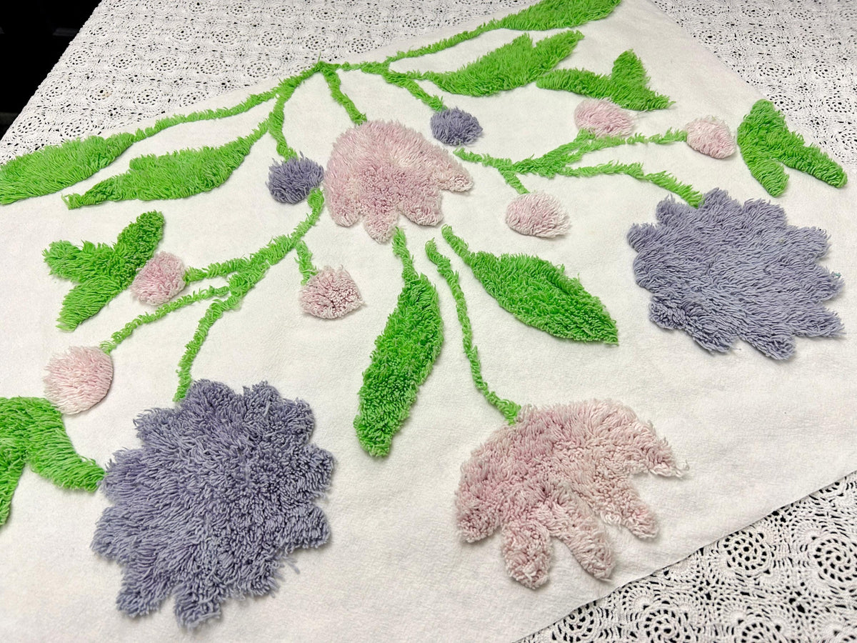 Vintage Spring Floral Chenille Fabric, Plush Flowers & Greenery 18x24"