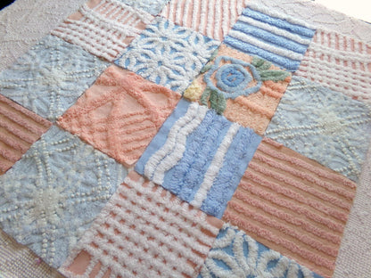 frost & fizz vintage chenille fabric squares, set of 16 blue, peach, white 6" quilt blocks for arts, crafts sewing