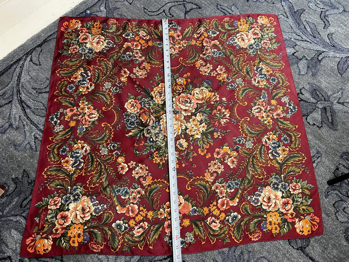 Vintage Ralph Lauren Silk Square Scarf Burgundy Floral Baroque Elegance Japan