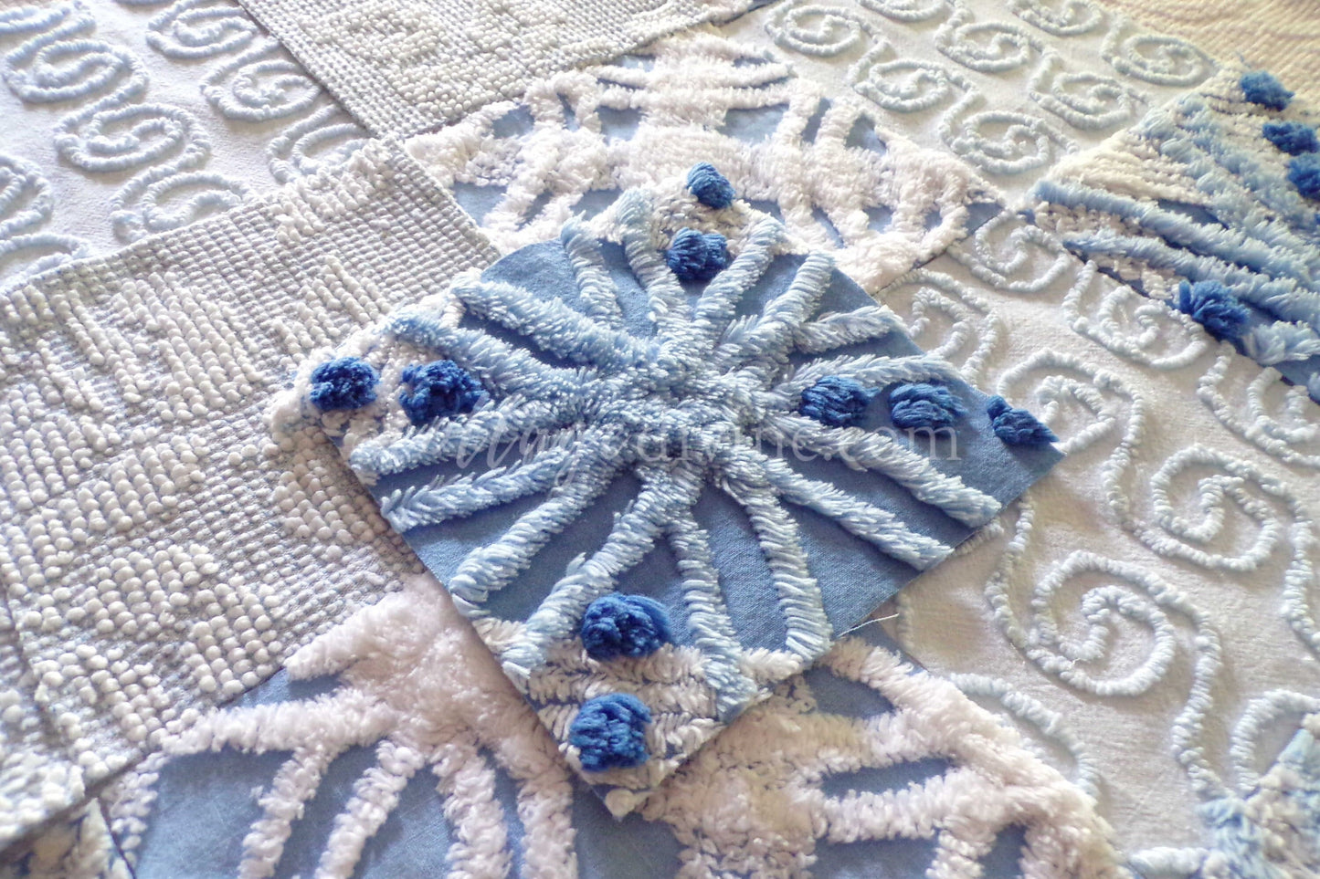 Boho Blues Vintage 6" Chenille Fabric Squares Set of 16 Quilt Blocks