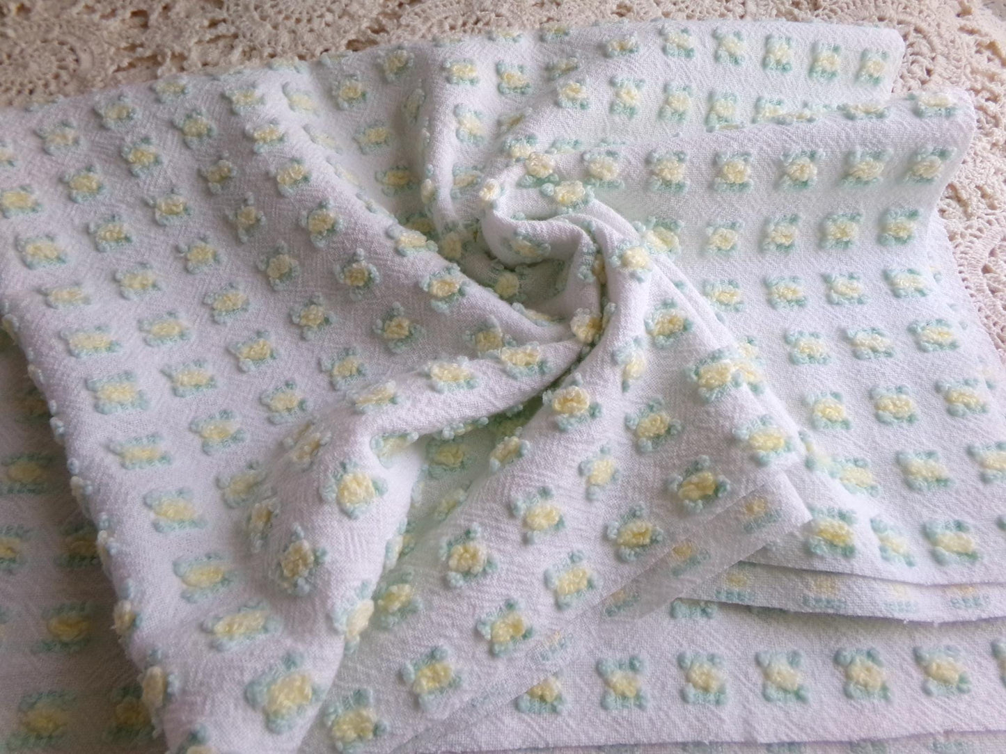tiny tuft yellow rosebud vintage chenille fabric, textured mini rose design, 18" x 21.5" piece quilt material