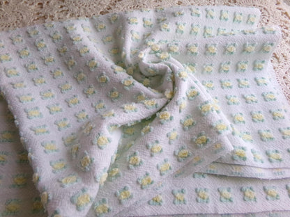 tiny tuft yellow rosebud vintage chenille fabric, textured mini rose design, 18" x 21.5" piece quilt material