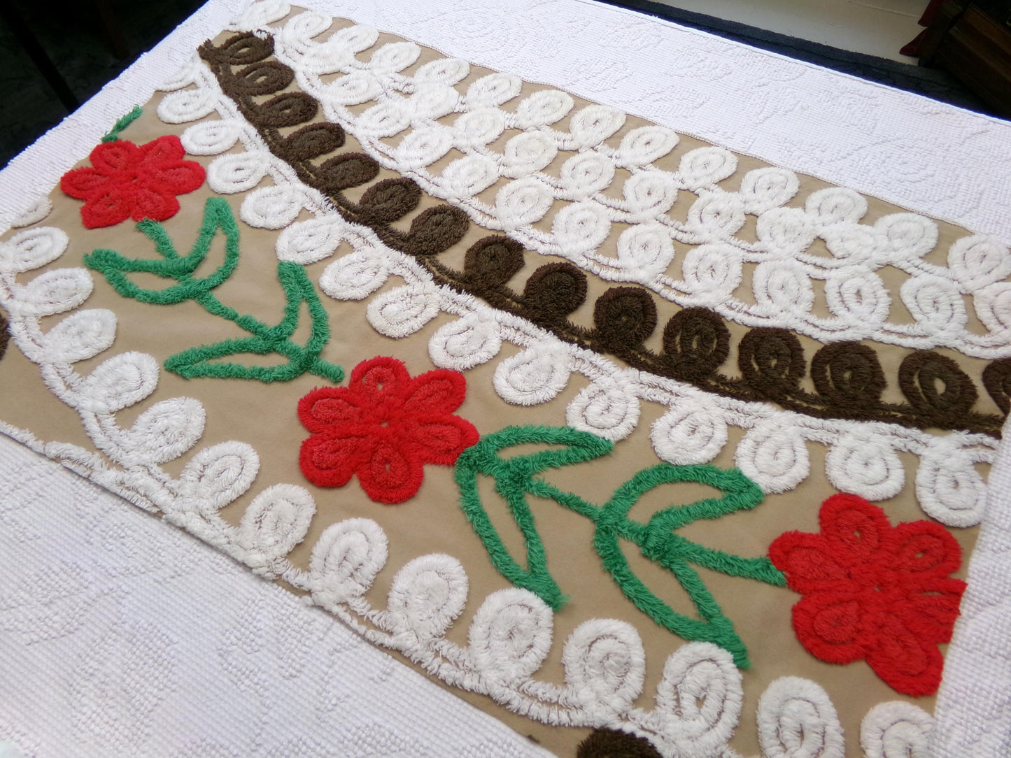 chocolate cherry vintage chenille fabric, delicious arc floral design, 18" x 28" piece
