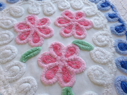 shabby heart vintage chenille fabric, pink roses w/ blue curlicue swirls, 18" x 22" piece of sewing material great for pillow