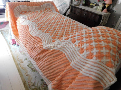 Peach Creamsicle Vintage Chenille Bedspread, 100% Plush Cotton, Twin Size Cotton Bedding