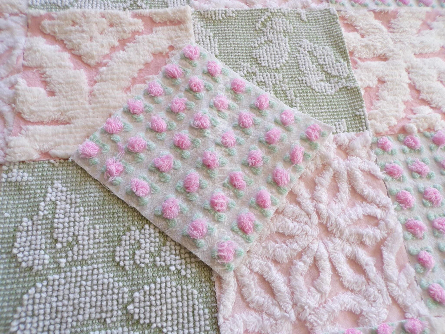 flower nymph chenille fabric squares, pink rosebuds, white daisy, sage green, 16 vintage 6" x 6" quilt squares for sewing & crafts
