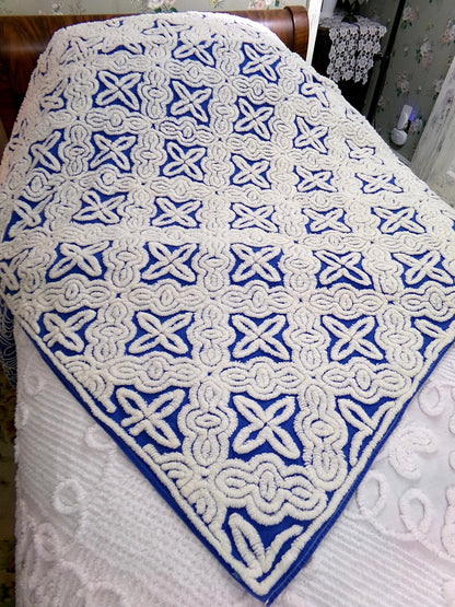 Mystic Gothic Cross Vintage Chenille Bedspread, Plush White Tufting on Cobalt Blue, 100% Cotton Luxury Full Size Bedding