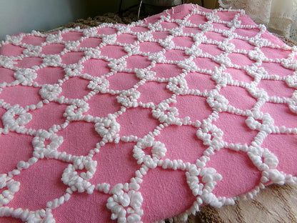 Chain Link Pink & White Vintage Chenille Fabric, Bates Texturized Needletuft Design, 18" x 24" inch Lightweight Piece