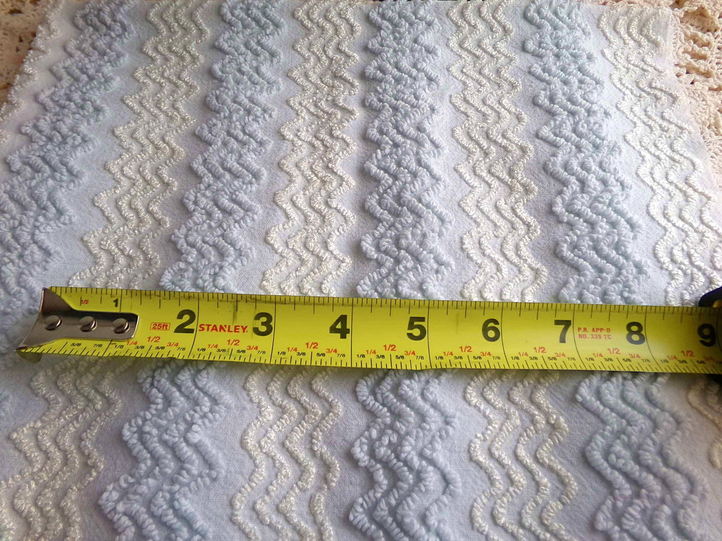 pastel blue & cream vintage chenille fabric, 24" x 18" inch cut piece, gentle zig zag texture, great quilt material for sewing