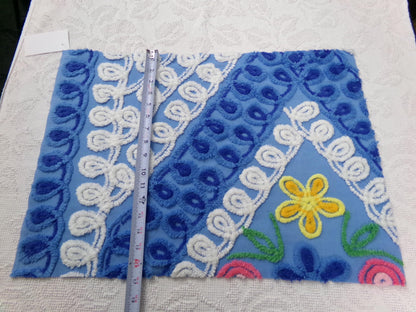 Vintage Chenille Bedspread Fabric, Boho Coastal Blue & White 16" x 23" Piece Sewing Material