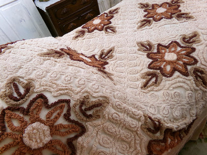 hazelnut coffee floral vintage chenille bedspread, full size luxury bedding with an integrated skirt, boxed & fitted design, boho retreat