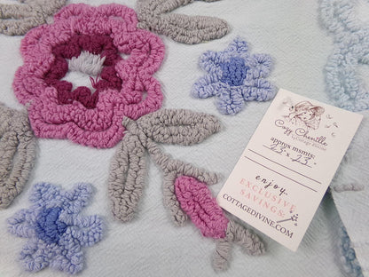 Shabby Blue Floral Vintage Chenille Bedspread Fabric, 23x23" Piece