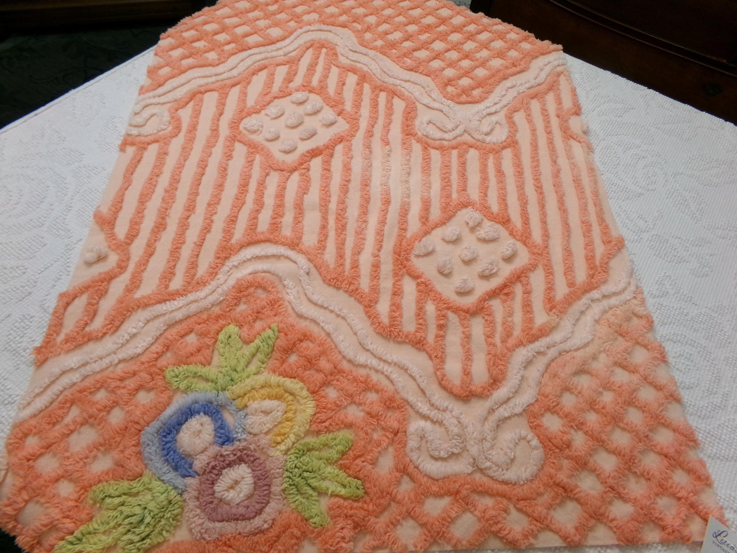 Vintage Cotton Chenille Fabric Peach Mixed Lattice Swag Floral 22x30 Shabby Chic Craft