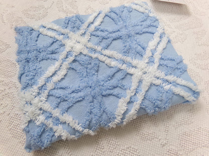 Vintage Chenille Fabric Baby Blue White Geometric Tufted Cottage Coastal Chic, 18" x 22"