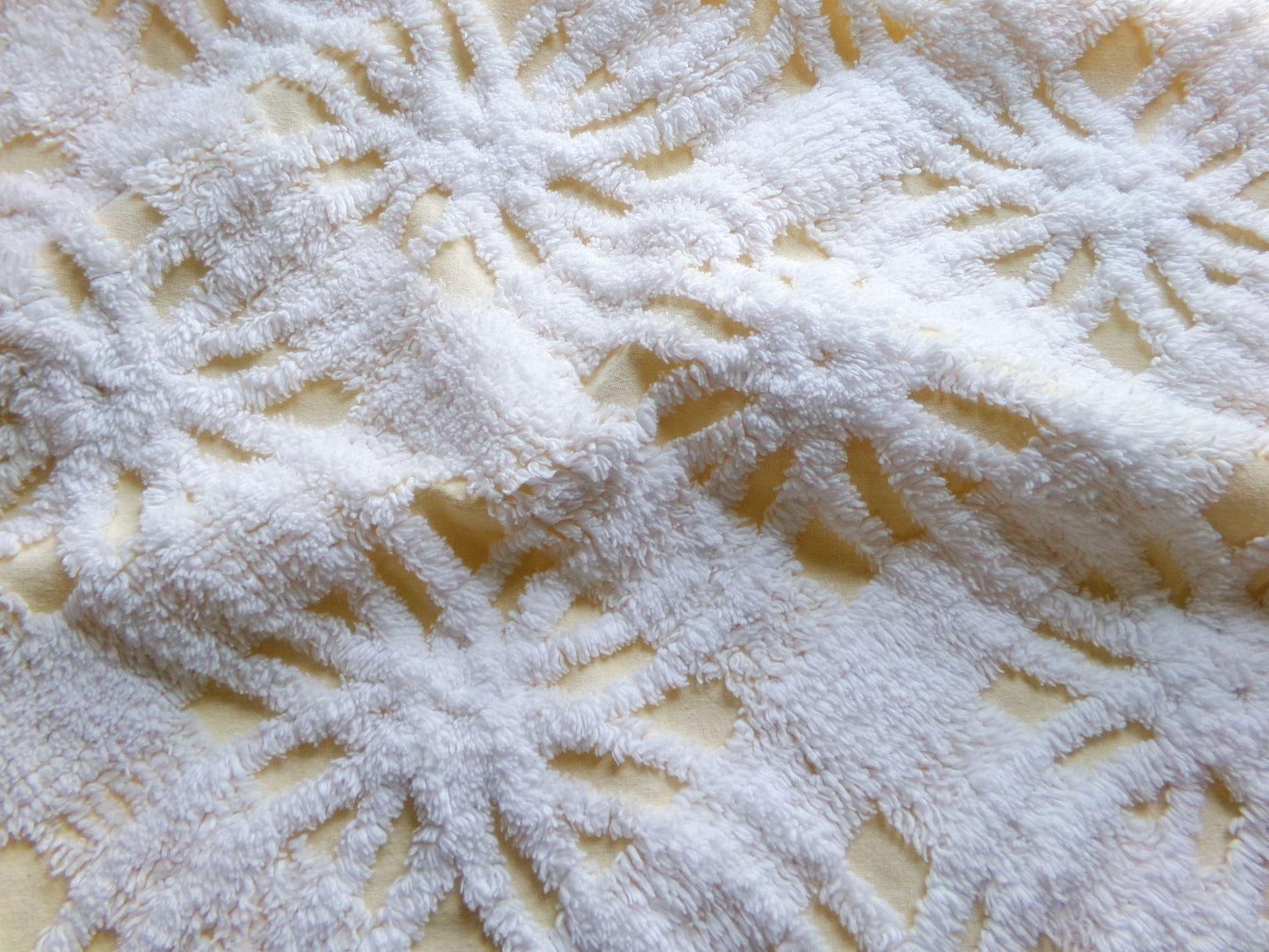 fluffy white & buttercup yellow vintage chenille fabric, sweetest sewing material, 18" x 25" inch piece for pillows, quilts, fiber arts