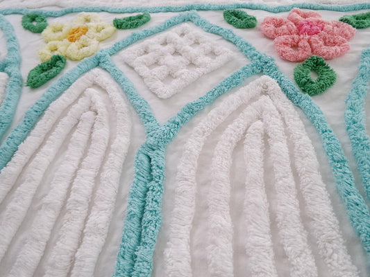 Plush White Vintage Chenille Fabric Cathedral Floral Design 20x24"