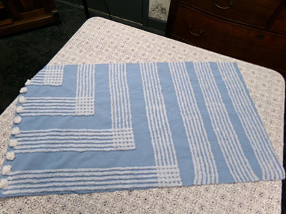 Sky Blue Vintage Chenille Fabric White Geometric Quilt Sewing Material 16.5" x 30"