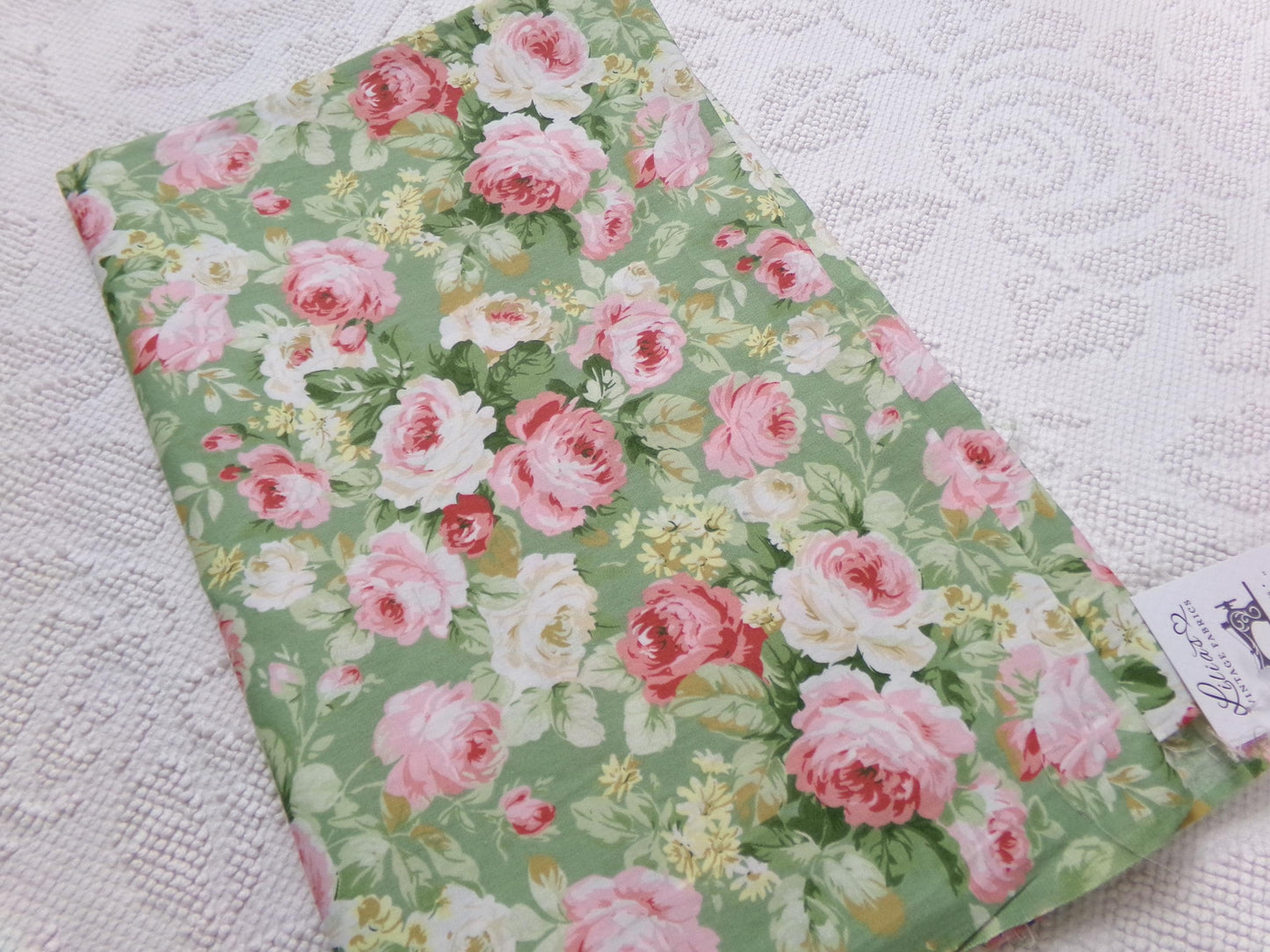 Vintage Cotton Quilt Fabric English Rose Floral Pink Green Shabby Chic Cottage 30" x 36"