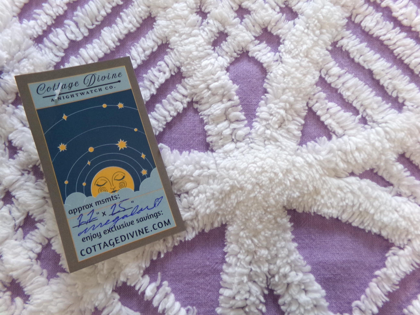 Spring Lavender Vintage Chenille Fabric, white geometric design, sewing craft quilt material, 22" x 25" piece