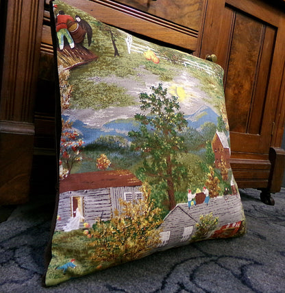 Vintage Barkcloth Pillow Grandma Moses Halloween Folk Art w/ Velvet Back Handmade Americana