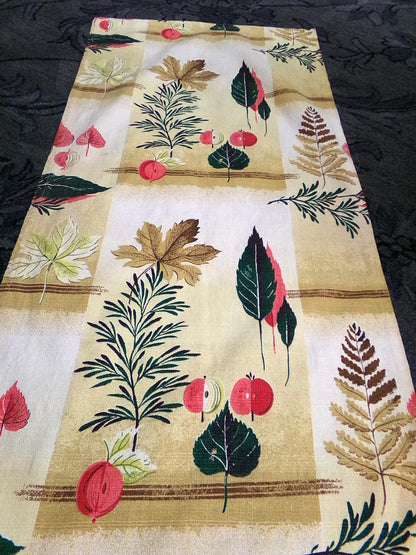 Vintage 1950s Barkcloth Fabric, Rustic Boho Shadow Autumn Leaves, Apples & Pine, 20"x46"