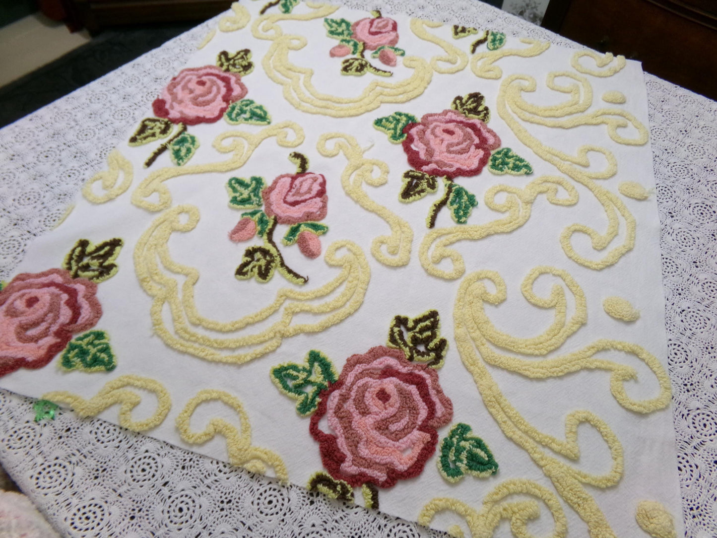 Shabby Pink Rose Vintage Chenille Fabric Dramatic Scrollwork Sewing Quilt Material 25" x 23"
