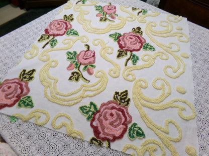 Shabby Pink Rose Vintage Chenille Fabric Dramatic Scrollwork Sewing Quilt Material 25" x 23"