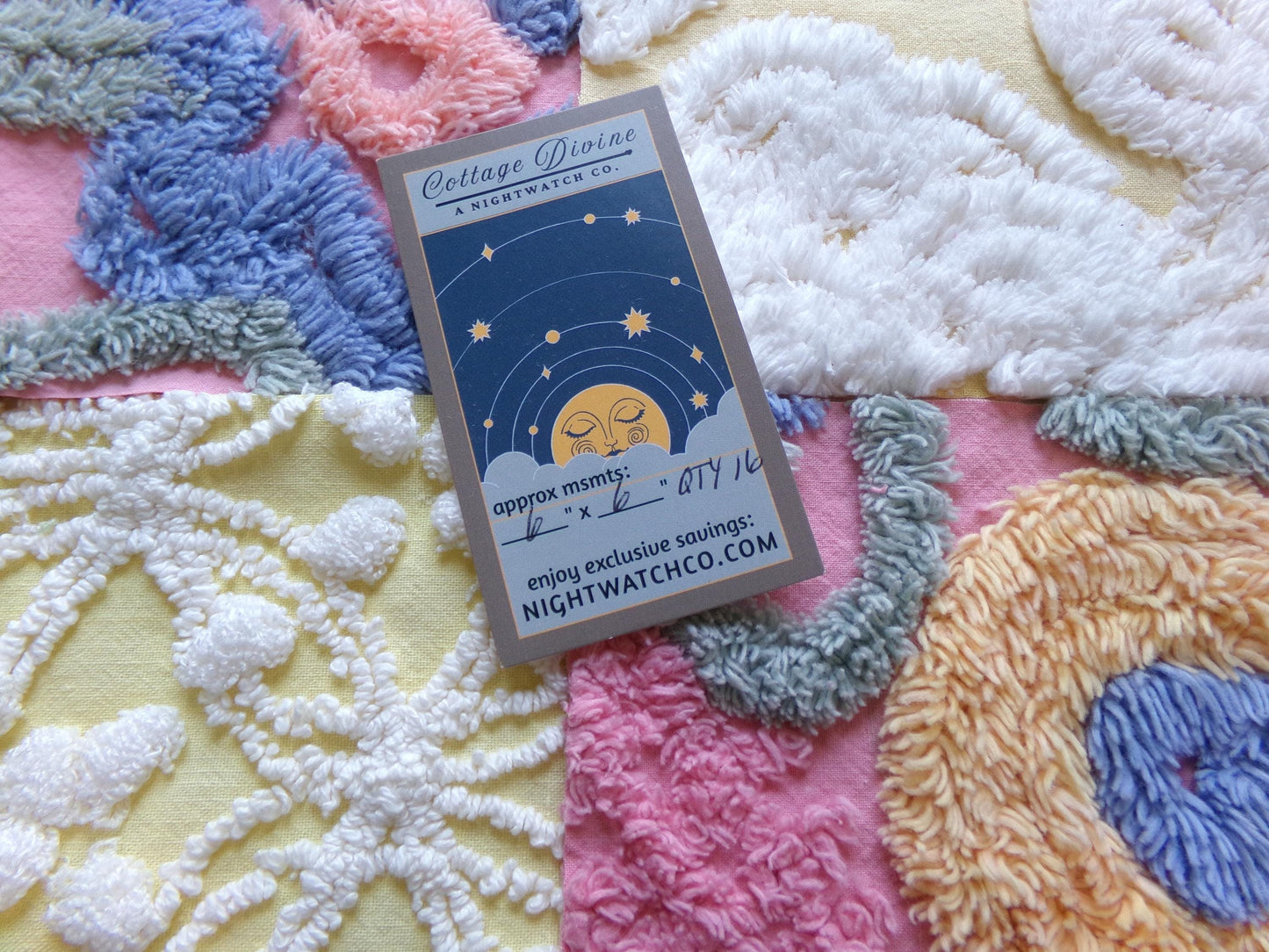 vintage chenille fabric squares, "buttercup baby" set of 16 floral 6" quilt blocks in colorful pink & yellow, for quilting, crafts, sewing