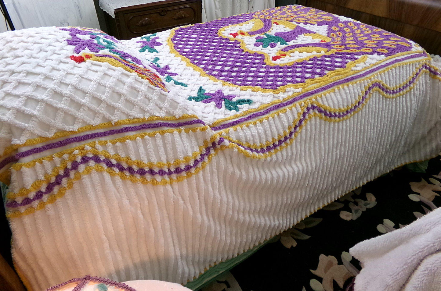 Vintage Chenille Bedspread Double Peacock Purple Gold White, Full Size