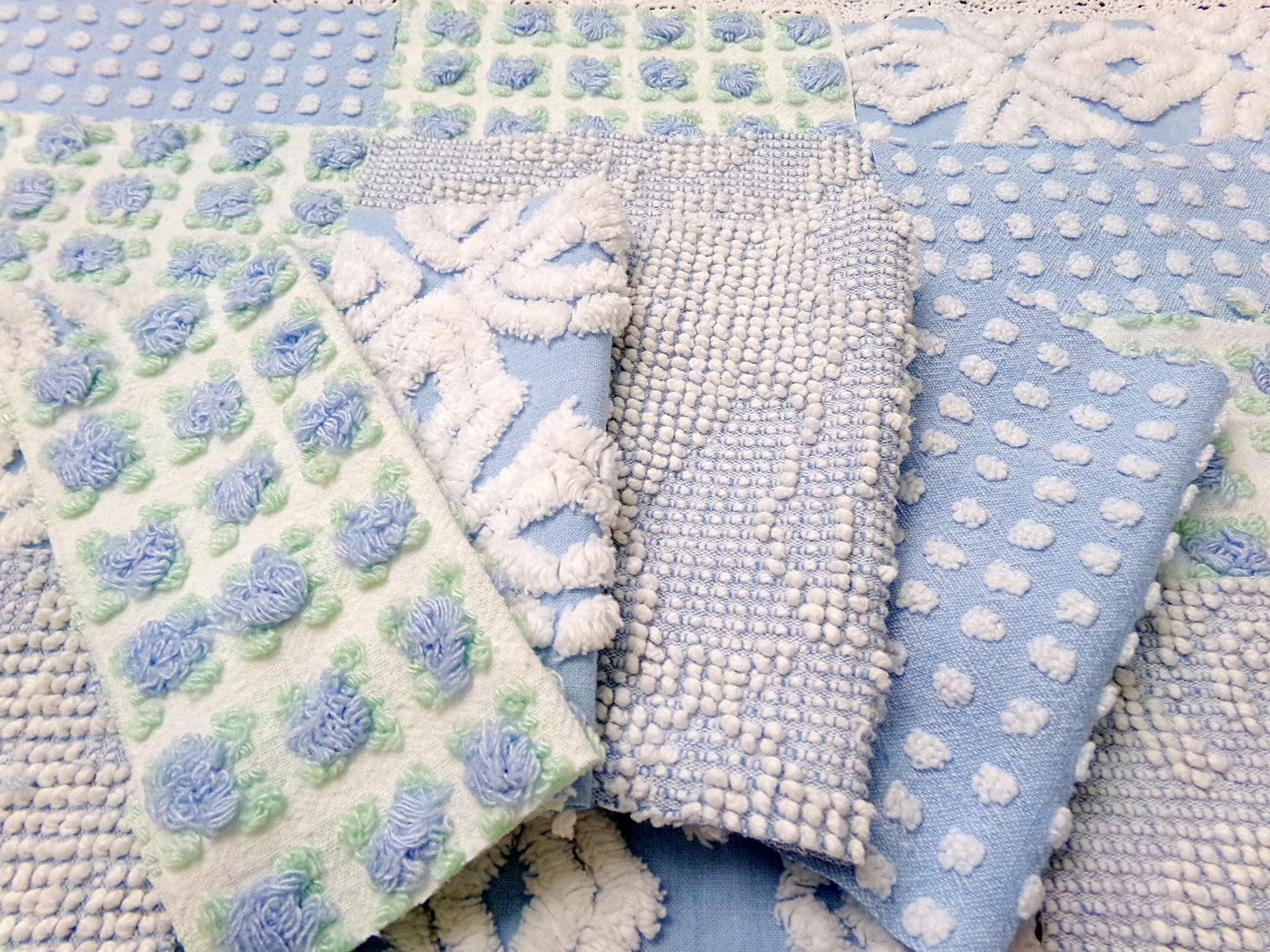 sea breeze vintage chenille fabric squares, set of 16 blue white quilt blocks 6" ea