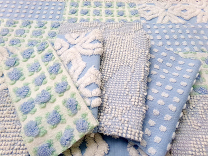 sea breeze vintage chenille fabric squares, set of 16 blue white quilt blocks 6" ea