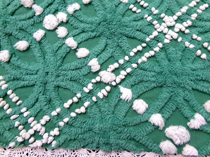 Green White Vintage Chenille Bedspread Fabric 20x24" Spider Tuft Pops Quilting Material