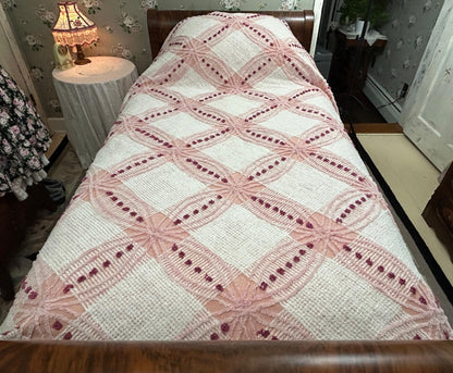 Pink Vintage Chenille Bedspread, Geometric Wedding Ring Dot Design, Full Size