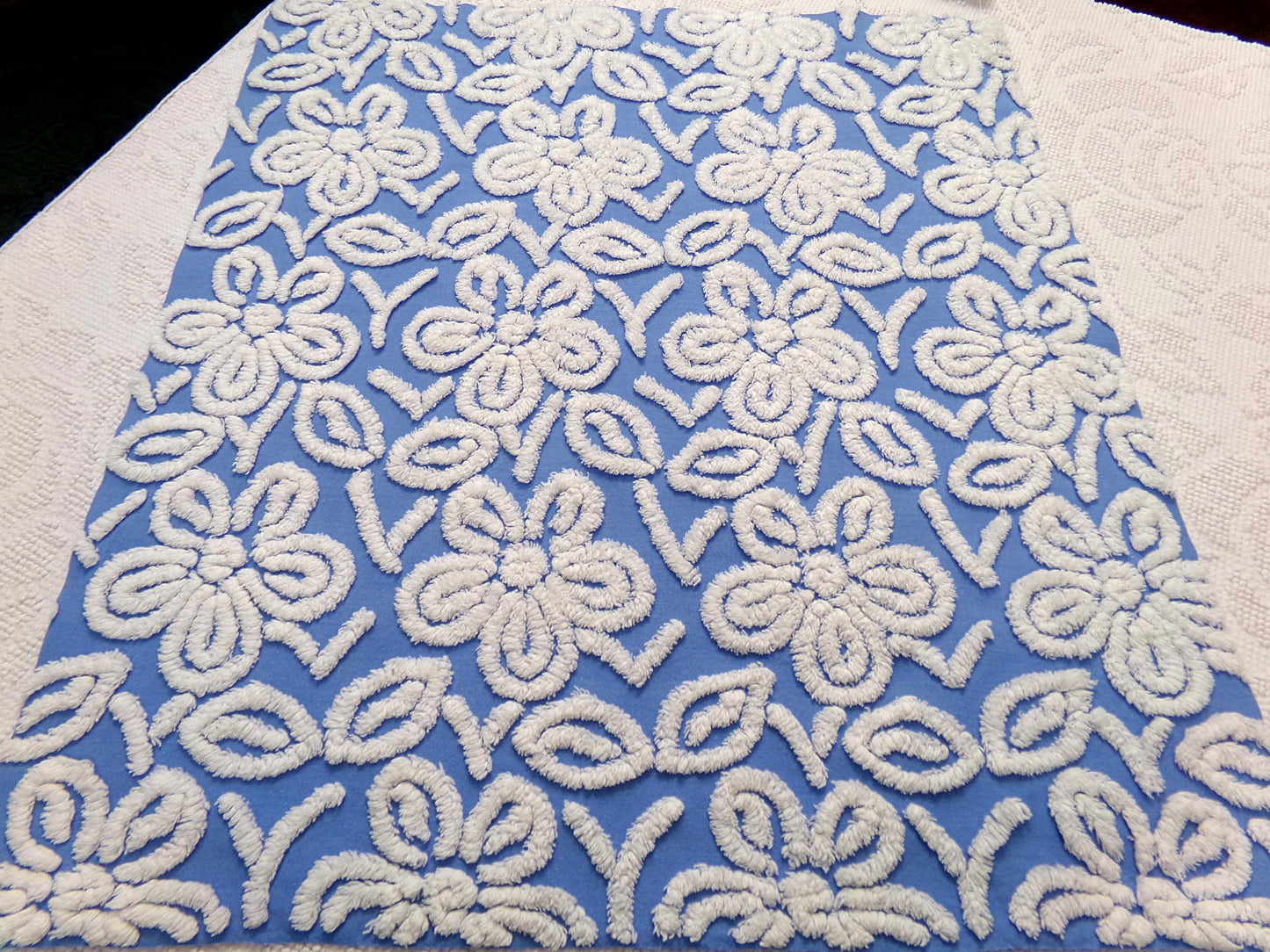 Daisy Dance Vintage Chenille Bedspread Fabric, Blue & White Floral Quilt Material 20" x 23" Piece